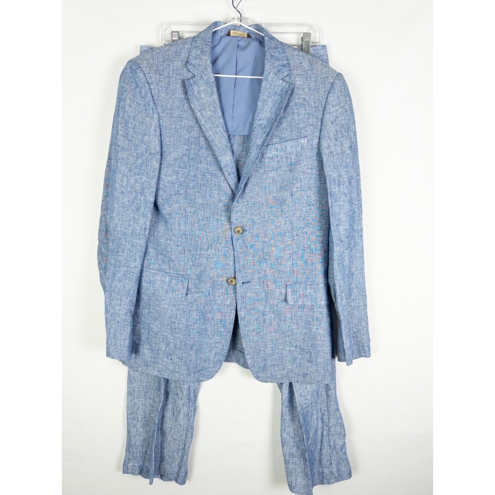 Tasso Elba Mens 2 Piece Linen Suit Blazer S Pants 33x30 Blue Chambray Summer